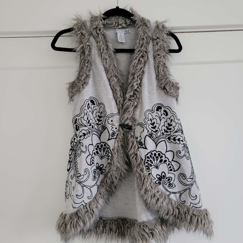 Faux Fur Trim Vest with Black Floral Stitching